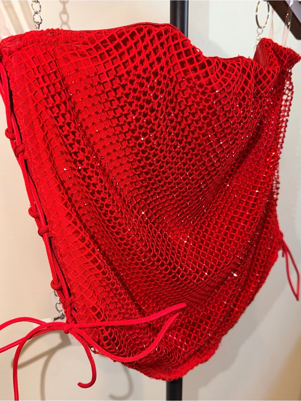 Windsor Red Rhinestone Fishnet Corset Top Lace Up Bustier